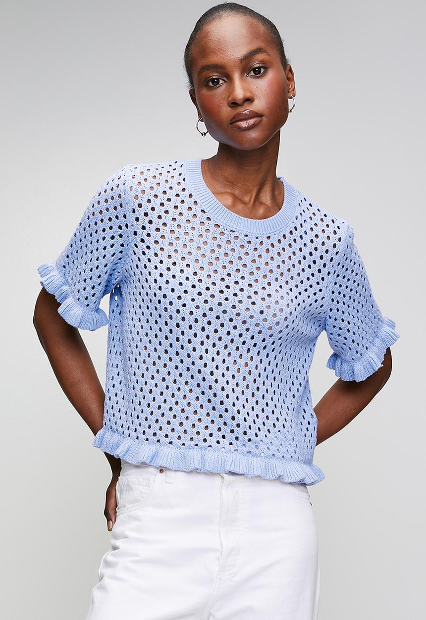 Brave Soul - Crew Neck, Mesh T-Shirt Knit With Frill Detail To Cuff And Hem - Blue