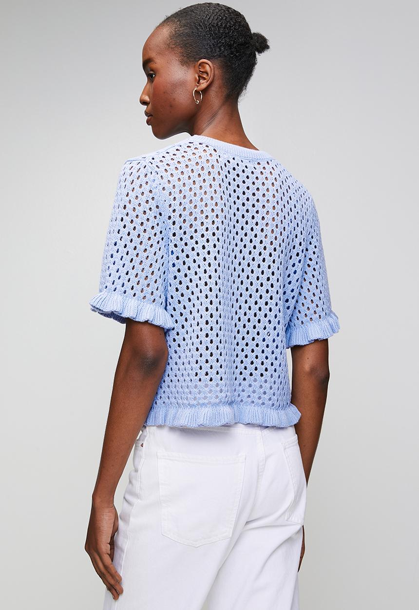 Brave Soul - Crew Neck, Mesh T-Shirt Knit With Frill Detail To Cuff And Hem - Blue