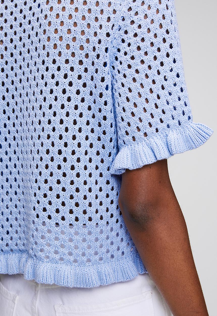 Brave Soul - Crew Neck, Mesh T-Shirt Knit With Frill Detail To Cuff And Hem - Blue