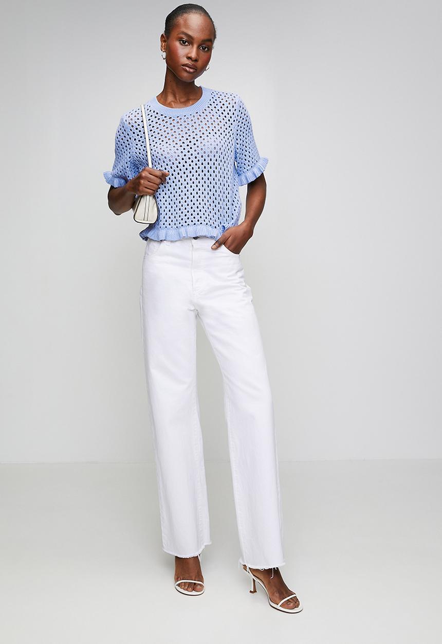 Brave Soul - Crew Neck, Mesh T-Shirt Knit With Frill Detail To Cuff And Hem - Blue
