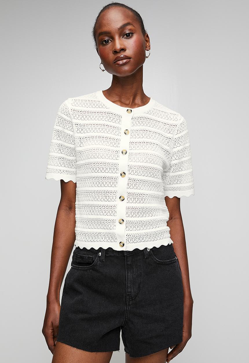 Brave Soul - Ladies Button Through Cardigan With All Over Stitch Repeat - White