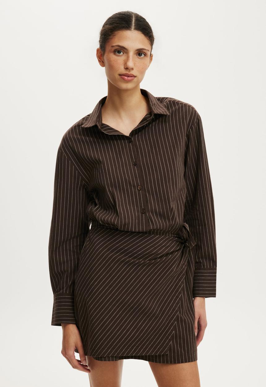 Cotton On - Shirt Mini Dress - Hazel Check Rich Mocha