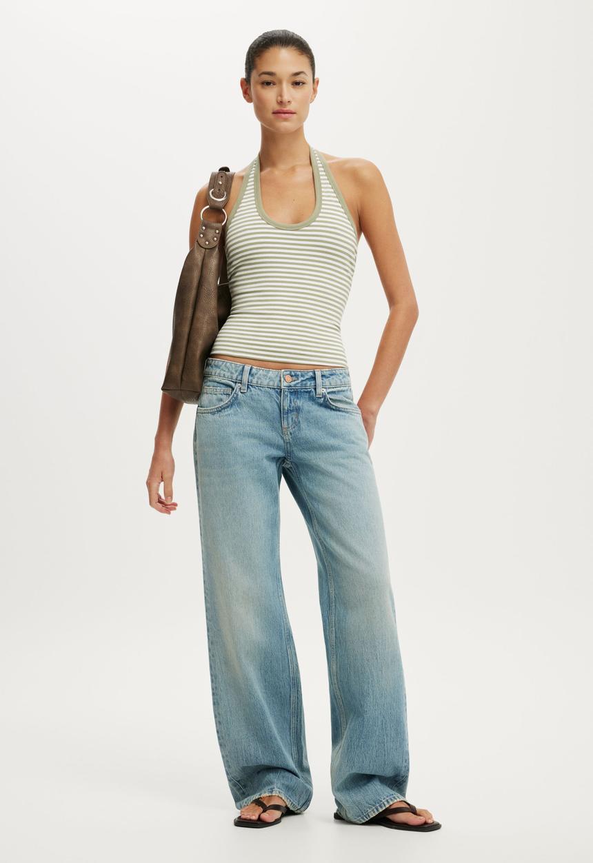 Cotton On - Everyday Smooth Scoop Halter - Madi Stripe Pale Eucalyptus/White