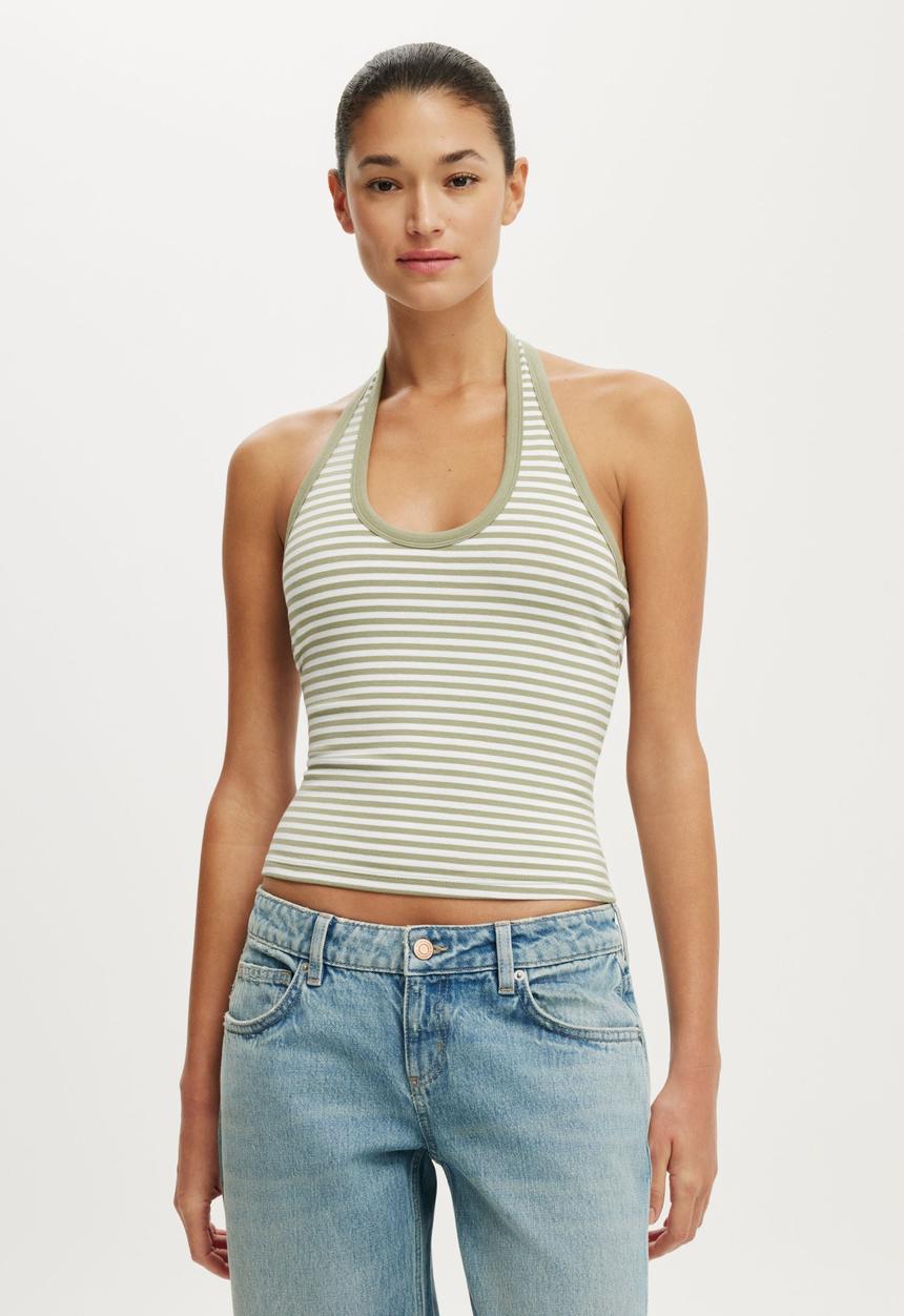 Cotton On - Everyday Smooth Scoop Halter - Madi Stripe Pale Eucalyptus/White
