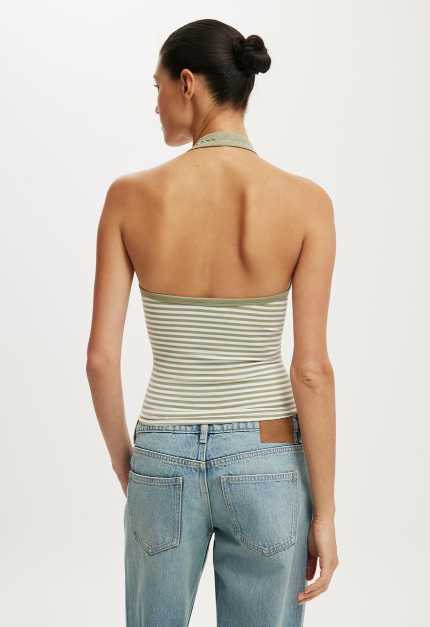 Cotton On - Everyday Smooth Scoop Halter - Madi Stripe Pale Eucalyptus/White