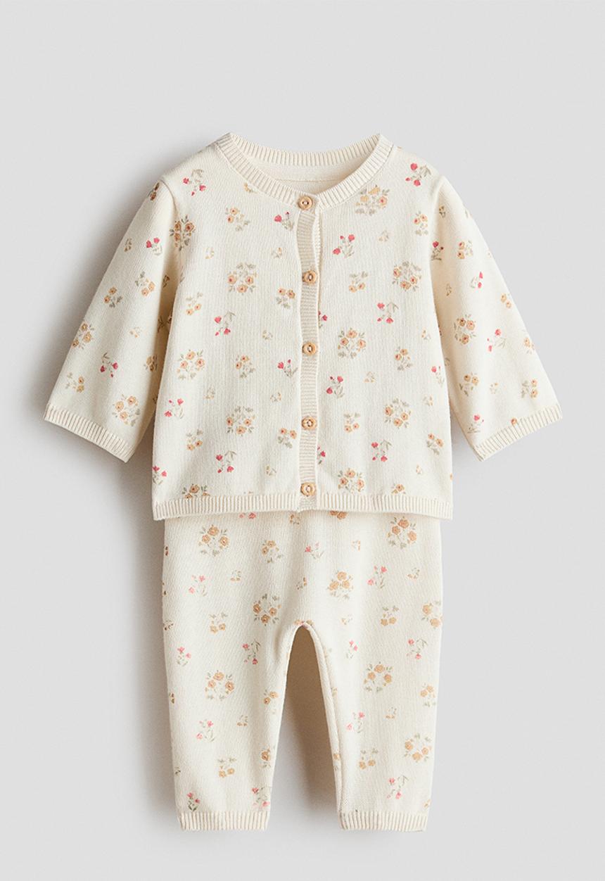 H&M - 2-Piece fine-knit set - light beige/floral