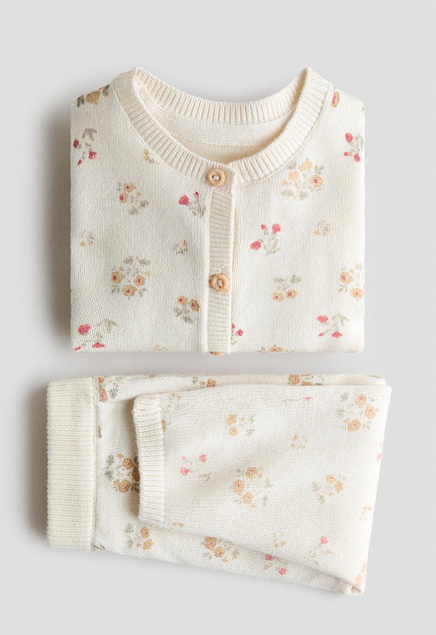 H&M - 2-Piece fine-knit set - light beige/floral
