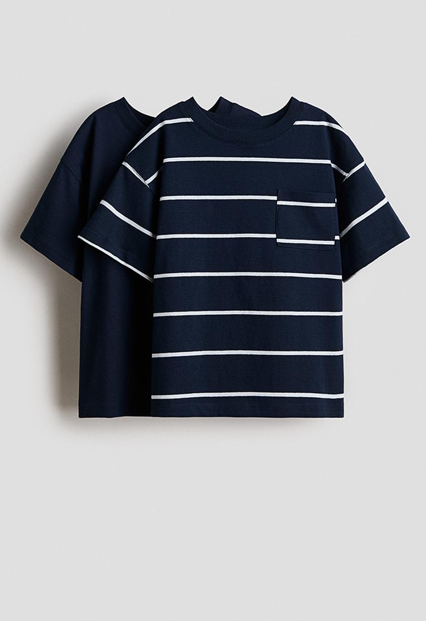 H&M - 2-pack pocket-detail t-shirts - navy blue/striped