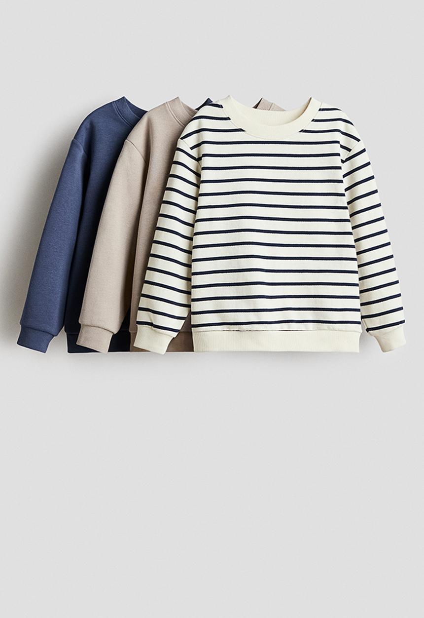 H&M - 3-pack brushed-inside sweatshirts - dusty blue/striped