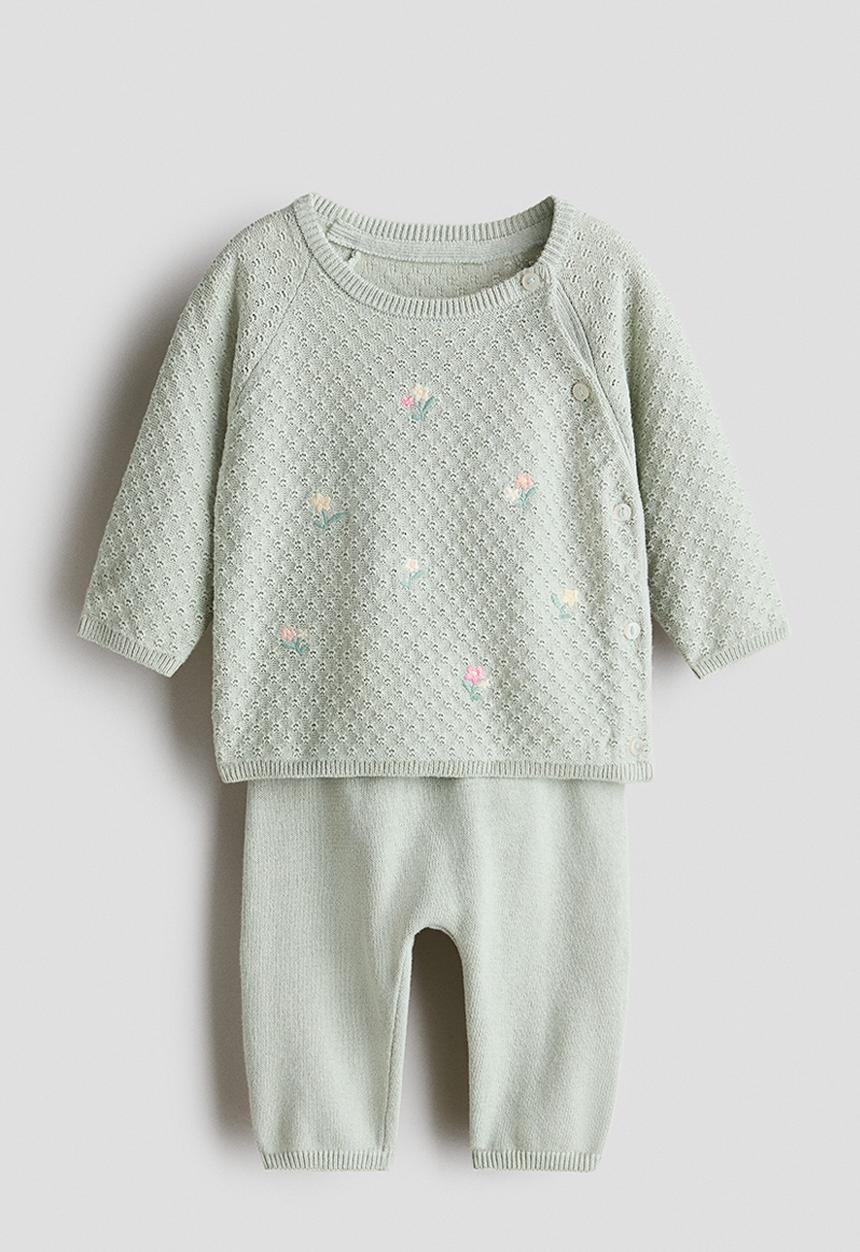 H&M - 2-Piece cotton-knit set - light dusty green/flowers
