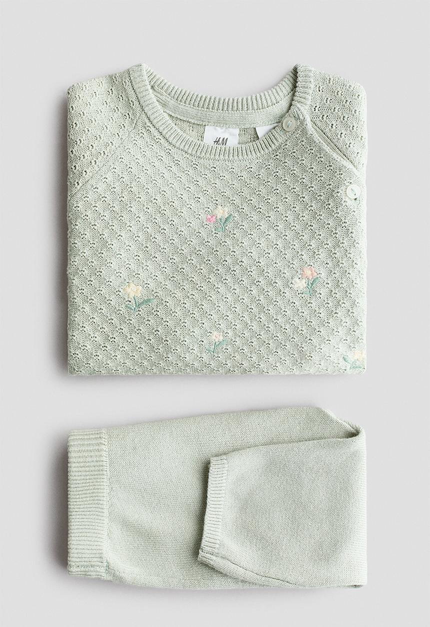 H&M - 2-Piece cotton-knit set - light dusty green/flowers