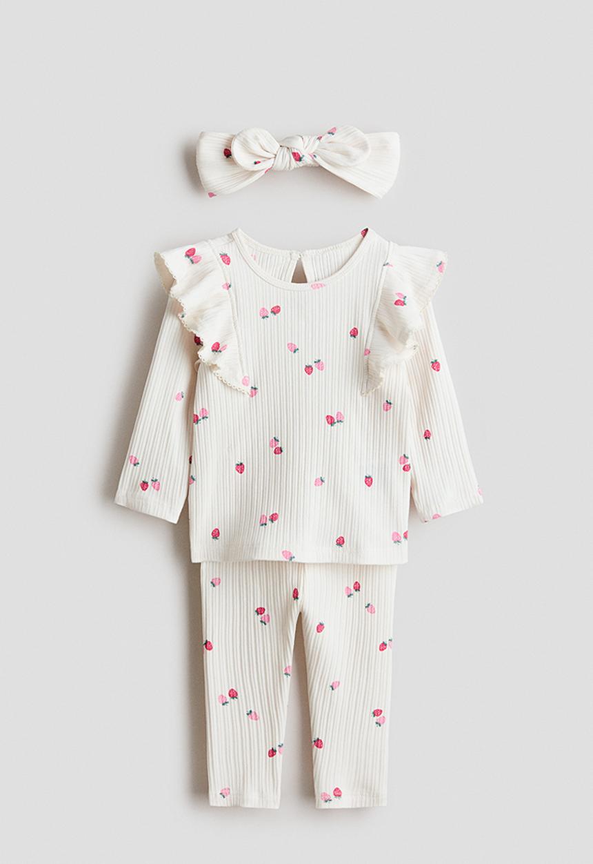 H&M - 3-piece printed cotton set - white/strawberries