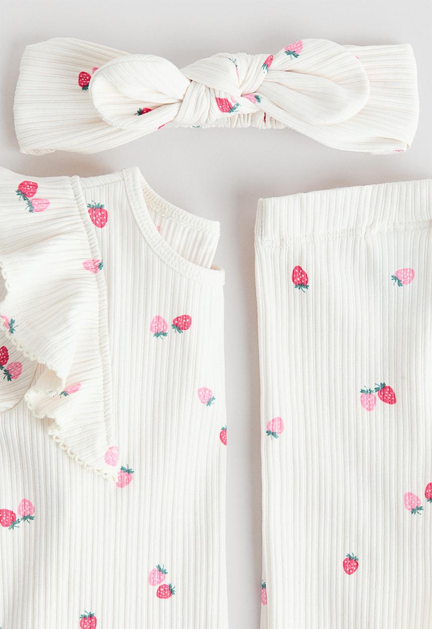 H&M - 3-piece printed cotton set - white/strawberries