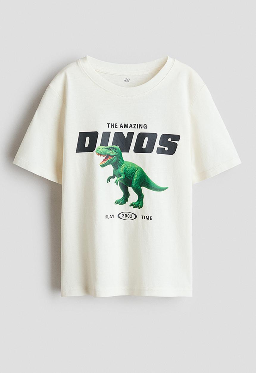 H&M - Printed cotton t-shirt - cream/dinosaur