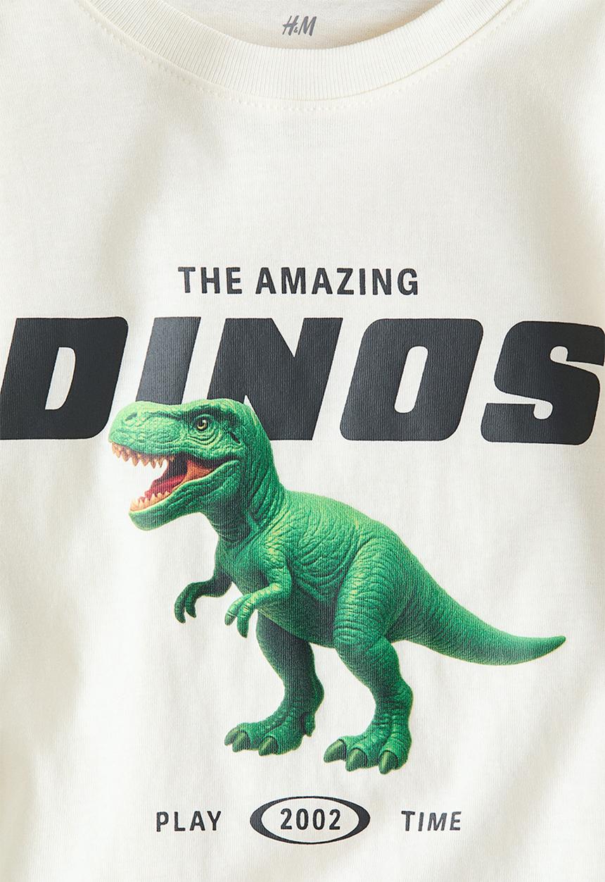 H&M - Printed cotton t-shirt - cream/dinosaur