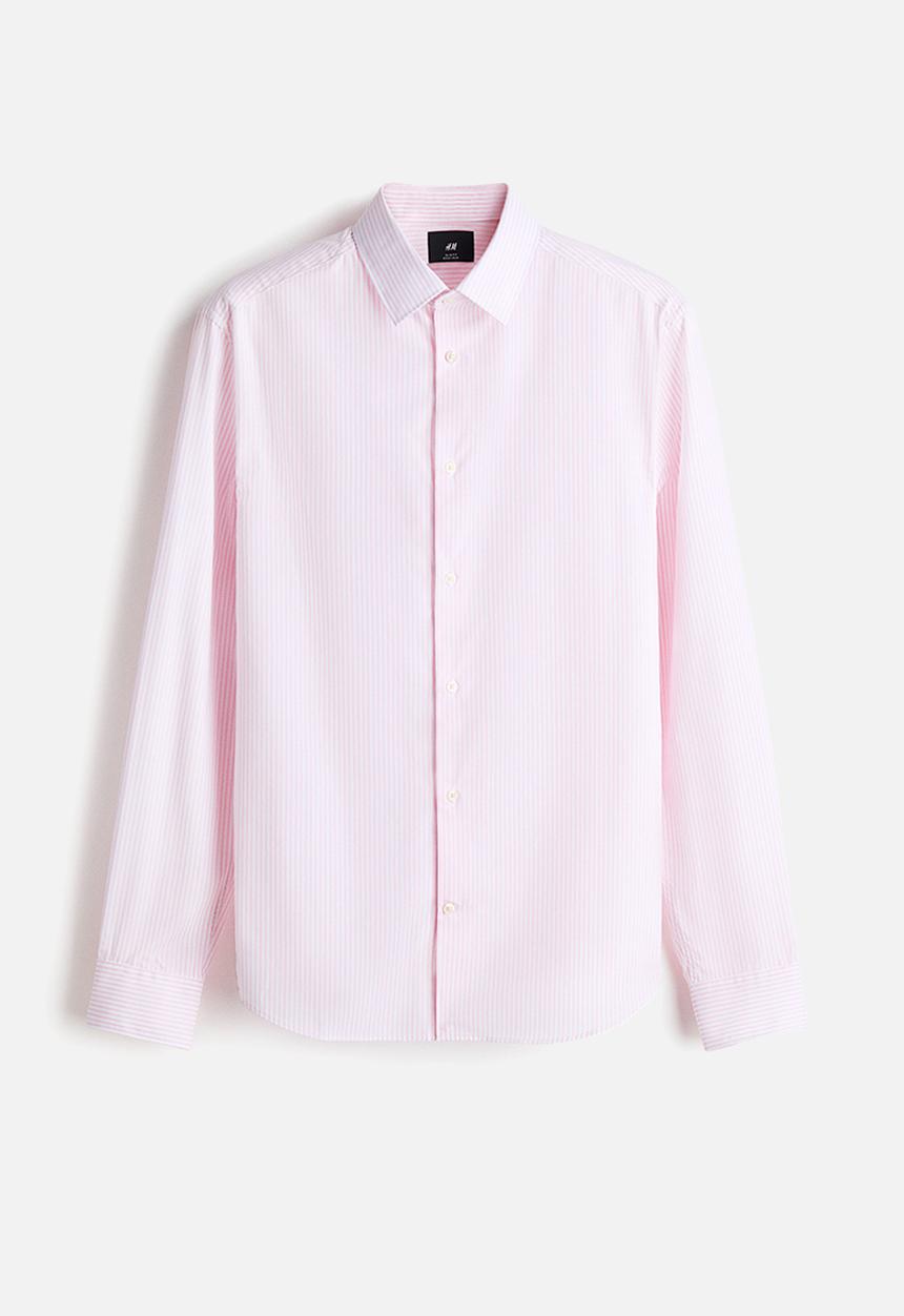 H&M - Slim fit easy-iron shirt - light pink/striped