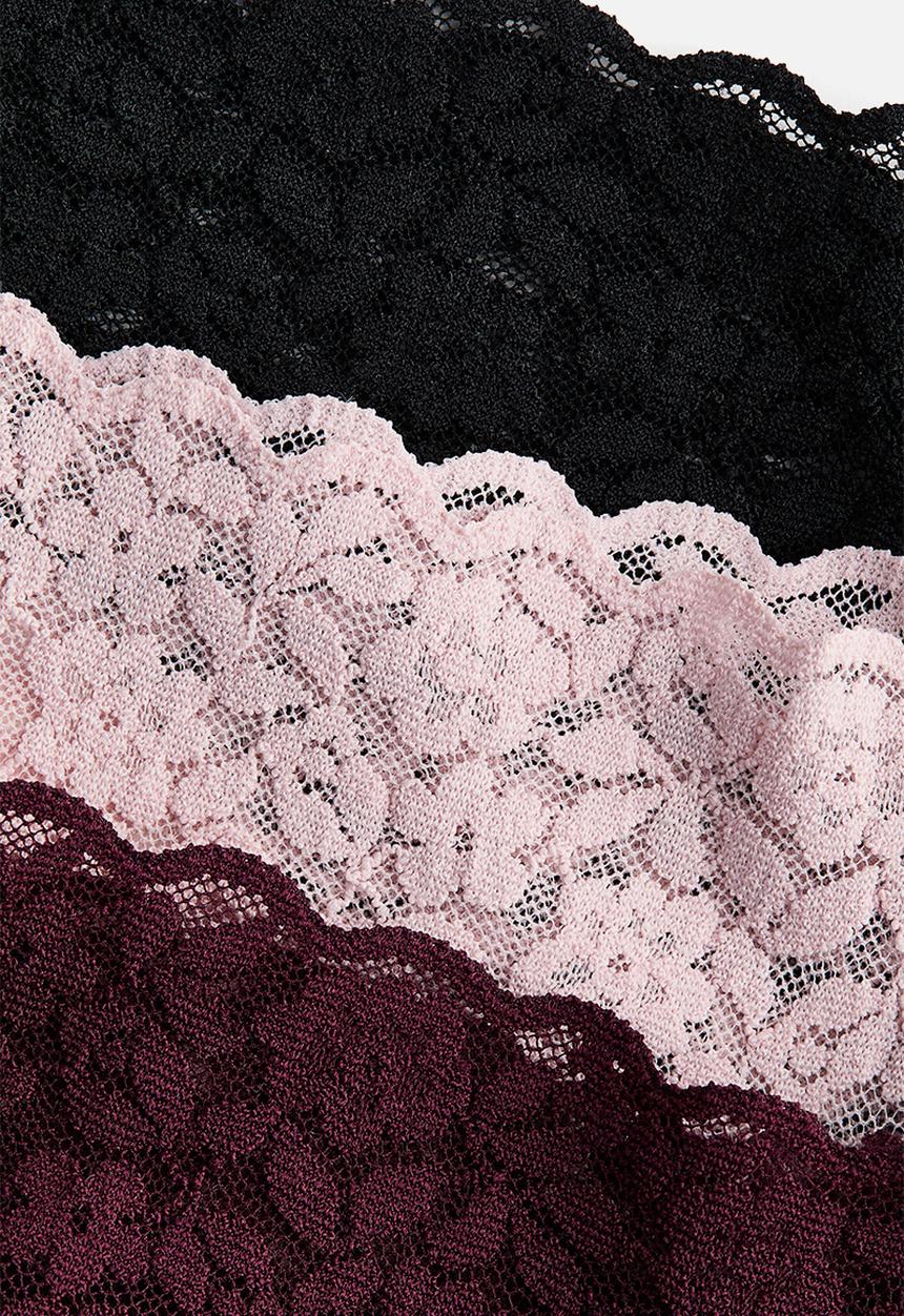 H&M - 3-pack lace thong briefs - burgundy/light pink/black