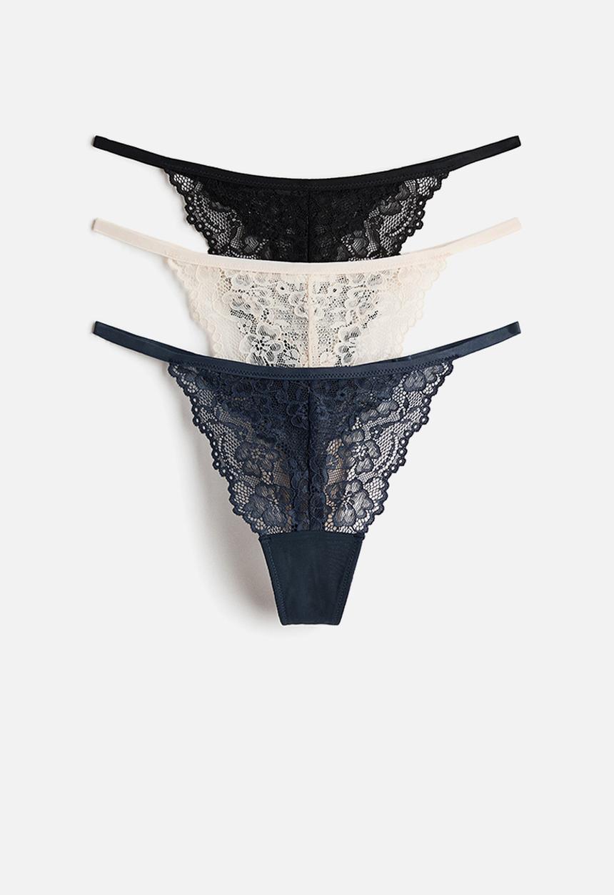 H&M - 3-pack lace tanga thong briefs - navy blue/cream/black