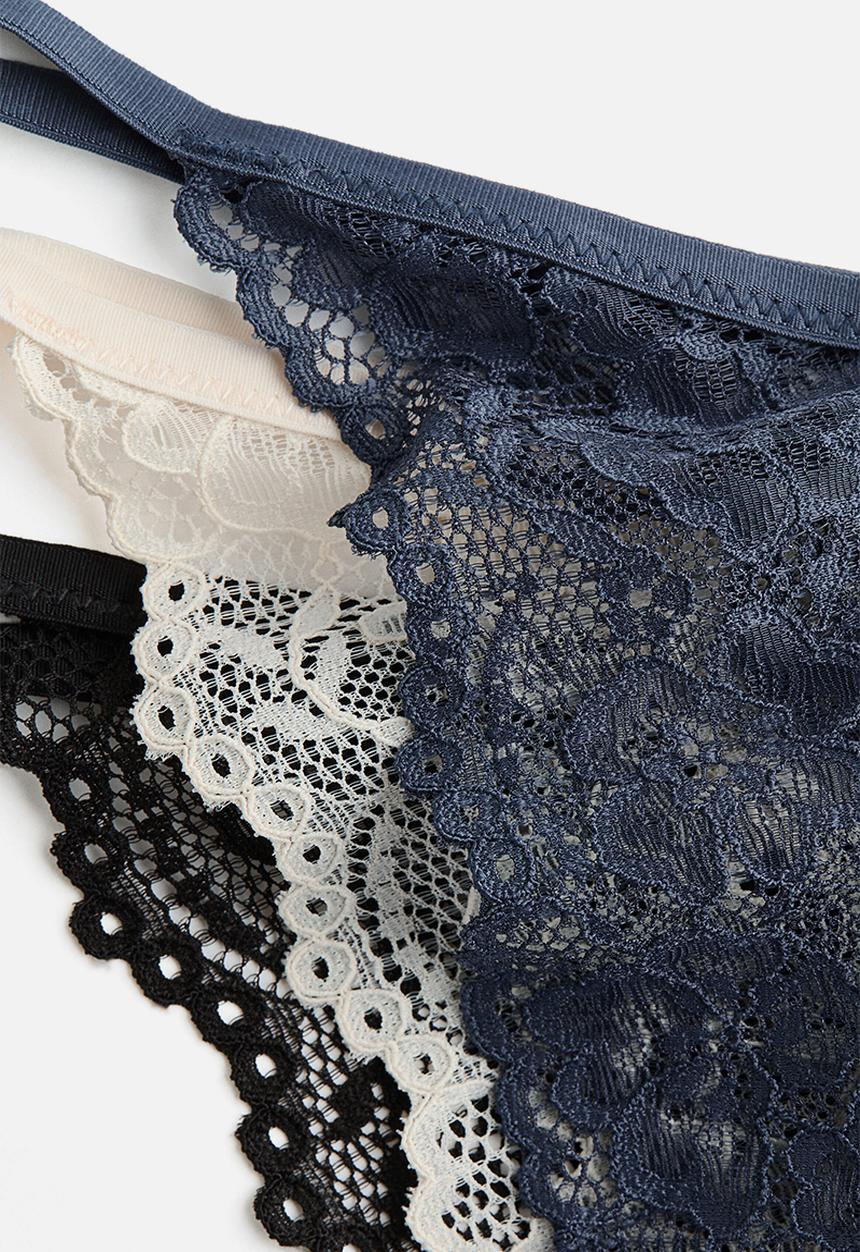 H&M - 3-pack lace tanga thong briefs - navy blue/cream/black