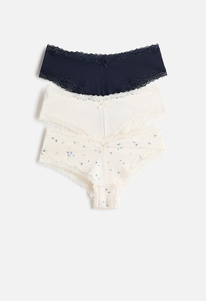 H&M - 3-Pack cotton and lace hipster briefs - navy blue/cream/floral