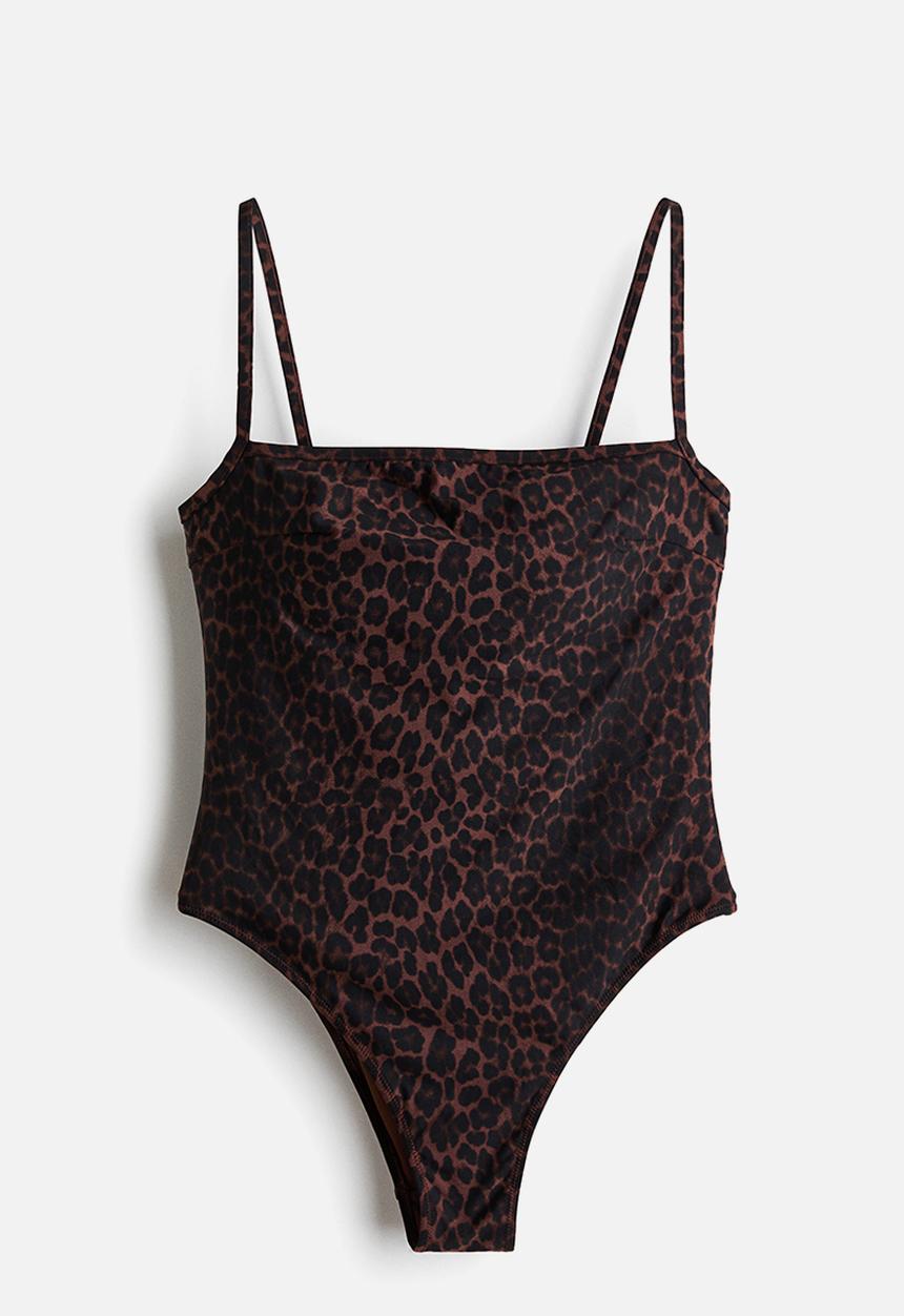 H&M - Padded-cup high leg swimsuit - brown/leopard print
