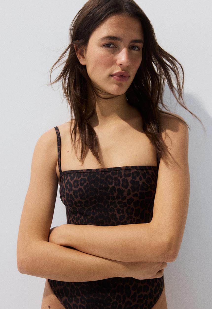 H&M - Padded-cup high leg swimsuit - brown/leopard print