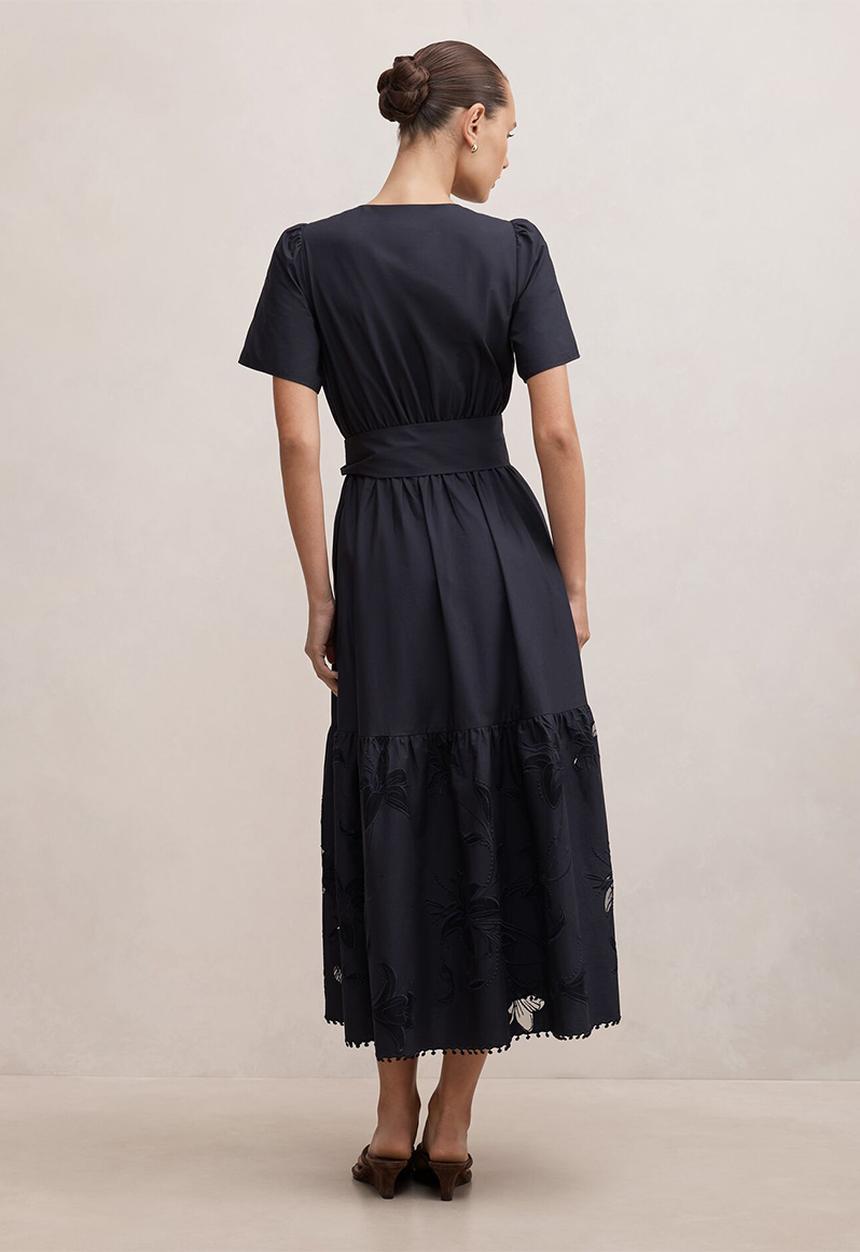 Forever New - Matilda embroidered tie midi dress in navy