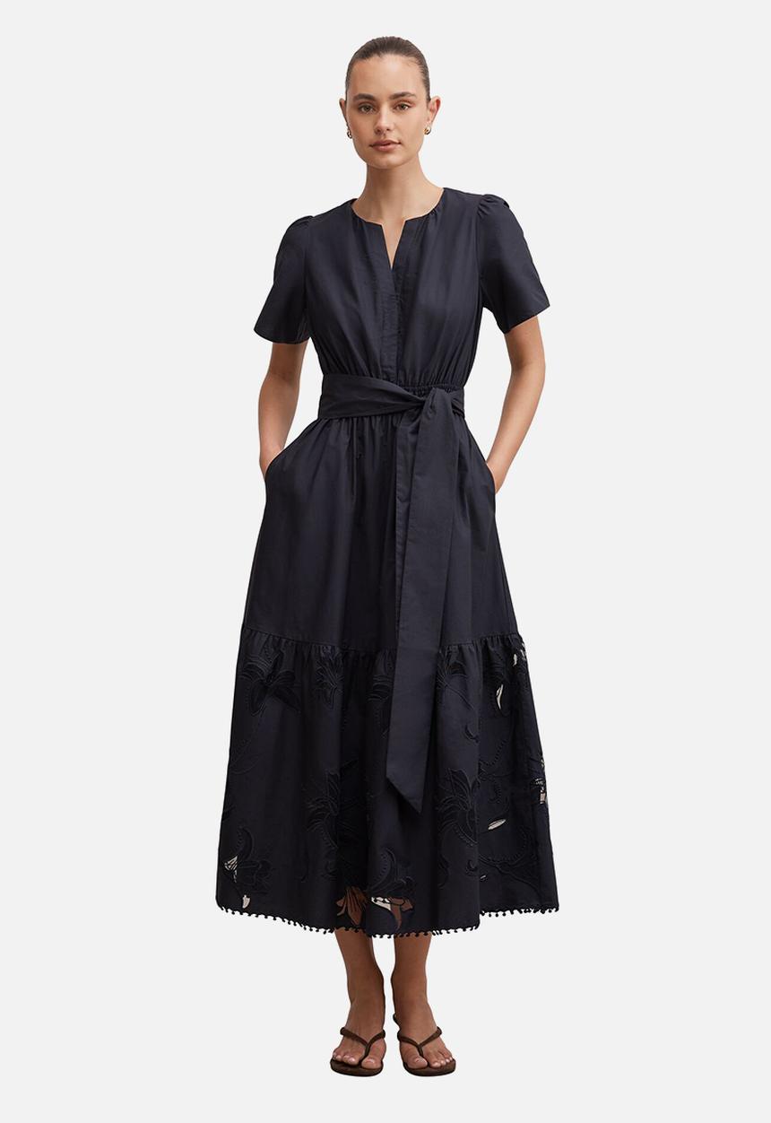 Forever New - Matilda embroidered tie midi dress in navy