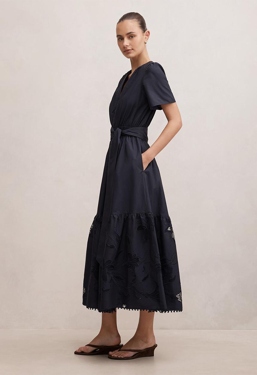Forever New - Matilda embroidered tie midi dress in navy
