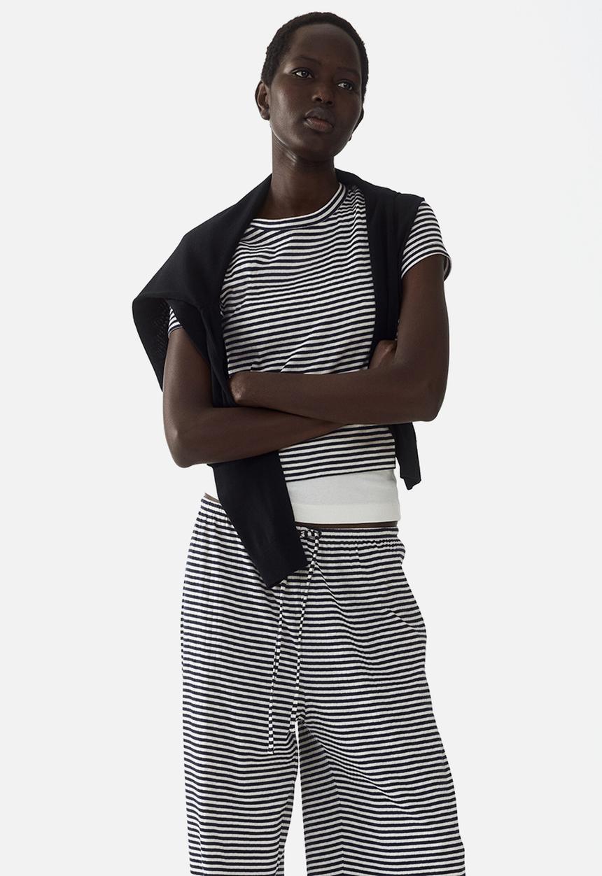 H&M - Ribbed drawstring trousers - navy blue/striped