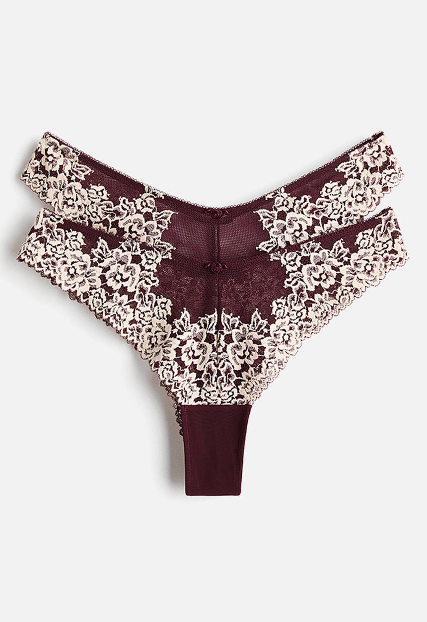 H&M - 2 Pack lace brazilian briefs - burgundy/cream