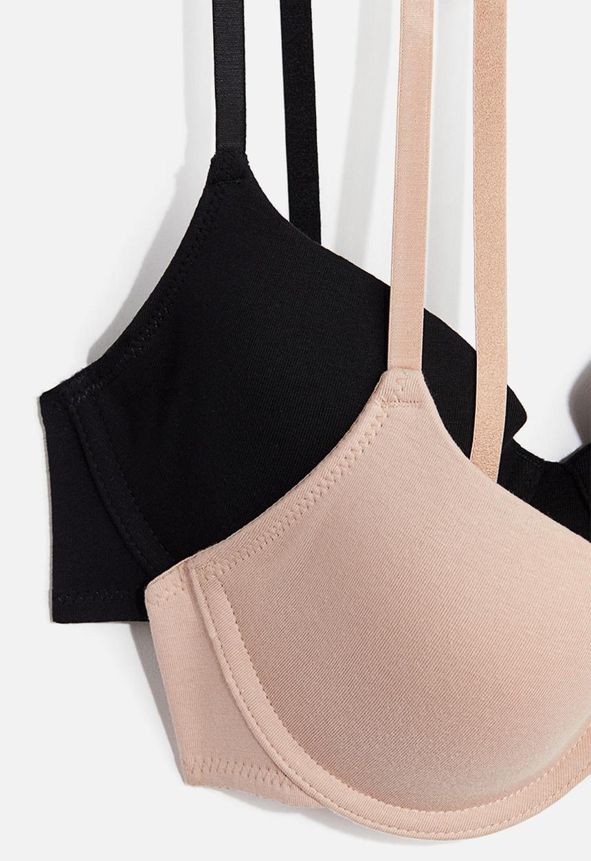 H&M - 2 Pack padded underwired cotton bras - beige/black