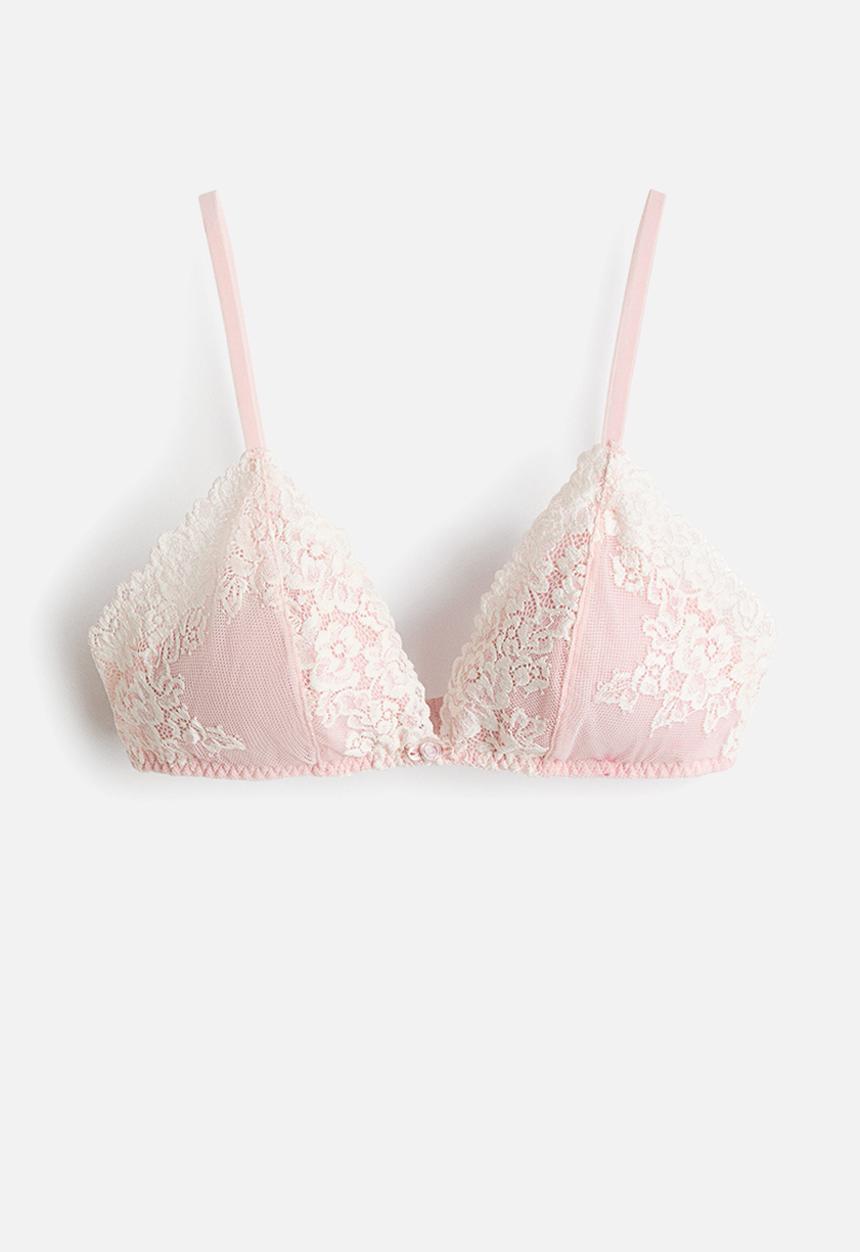 H&M - Padded soft lace bra - powder pink/cream