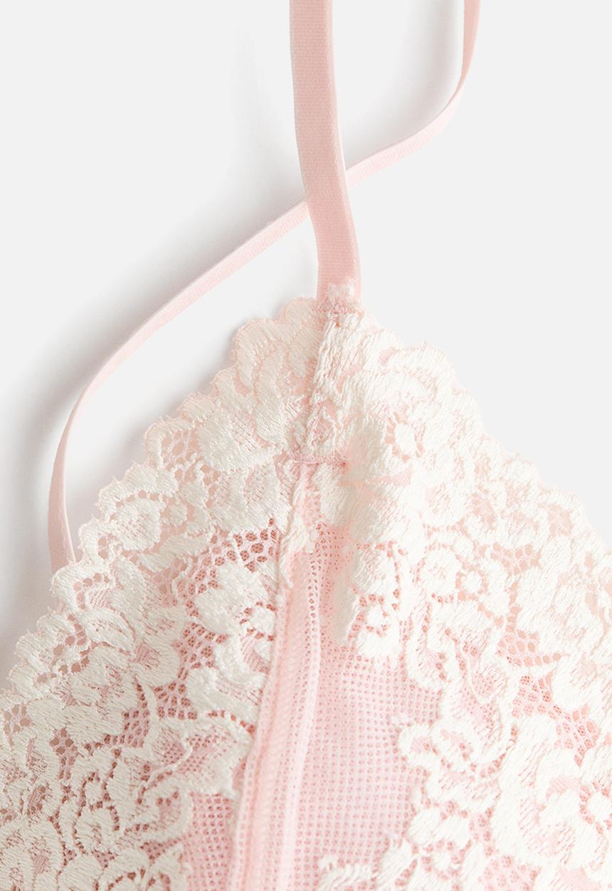 H&M - Padded soft lace bra - powder pink/cream