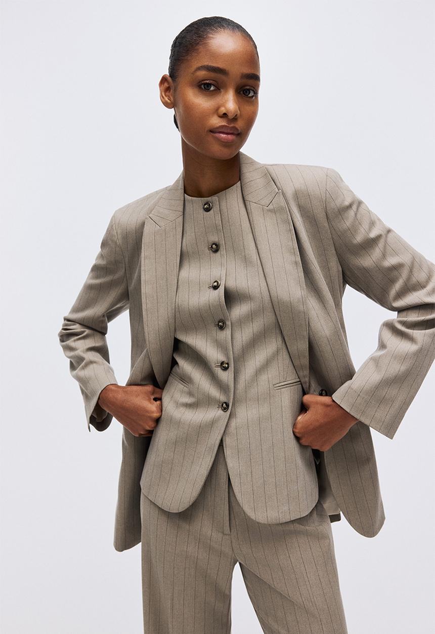 H&M - Flared trousers - greige/pinstriped
