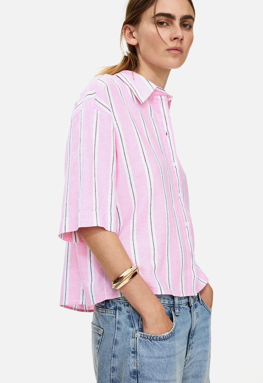 H&M - Oversized linen-blend shirt - light pink/striped