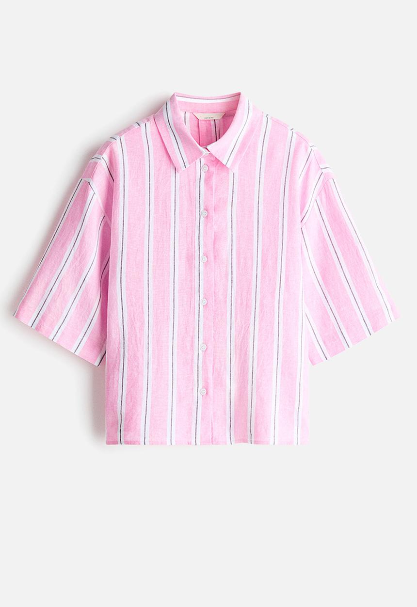 H&M - Oversized linen-blend shirt - light pink/striped