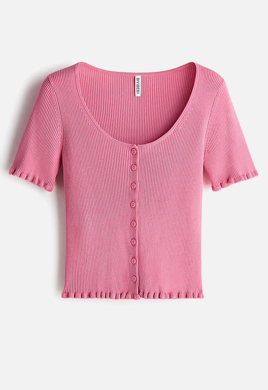 H&M - Short-sleeved rib-knit cardigan - pink
