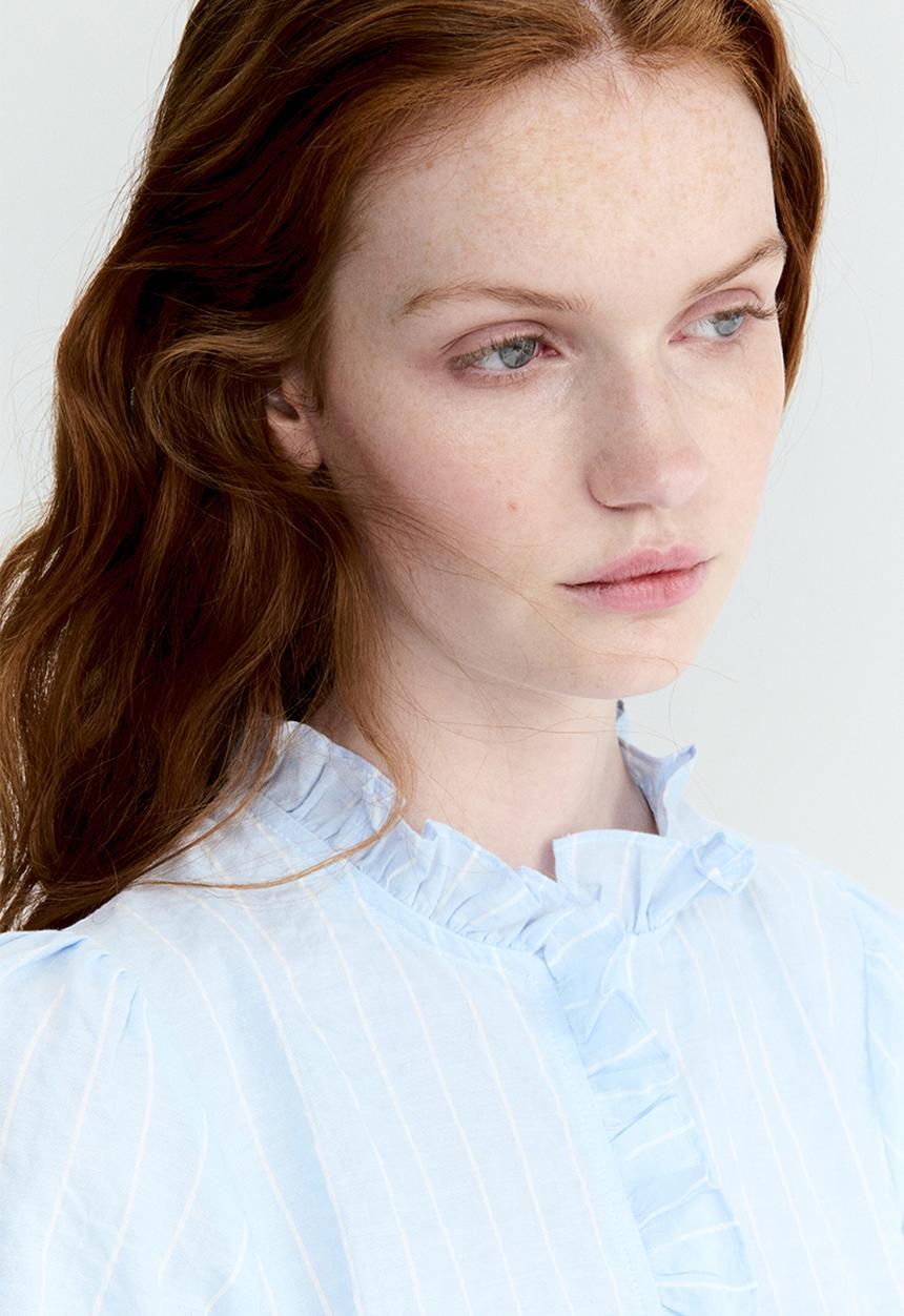 H&M - Frill-trimmed cotton blouse - light blue/striped