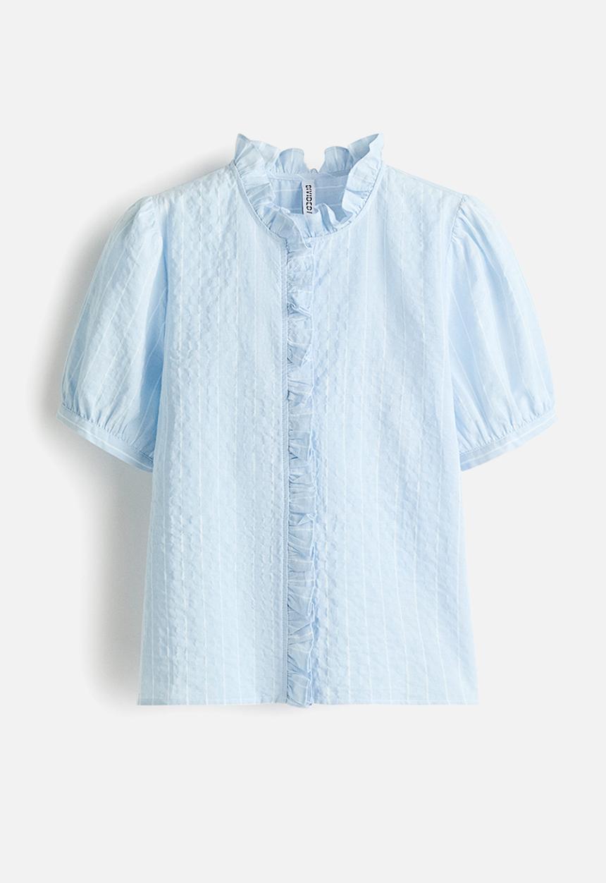 H&M - Frill-trimmed cotton blouse - light blue/striped