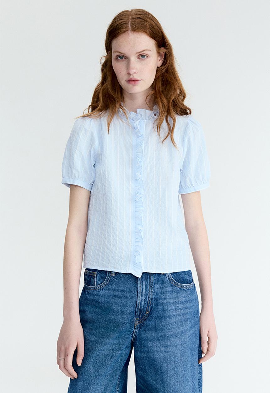 H&M - Frill-trimmed cotton blouse - light blue/striped