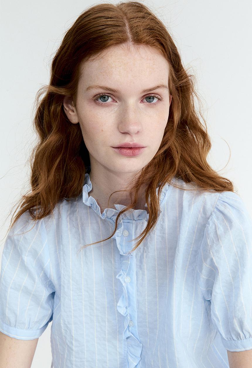 H&M - Frill-trimmed cotton blouse - light blue/striped