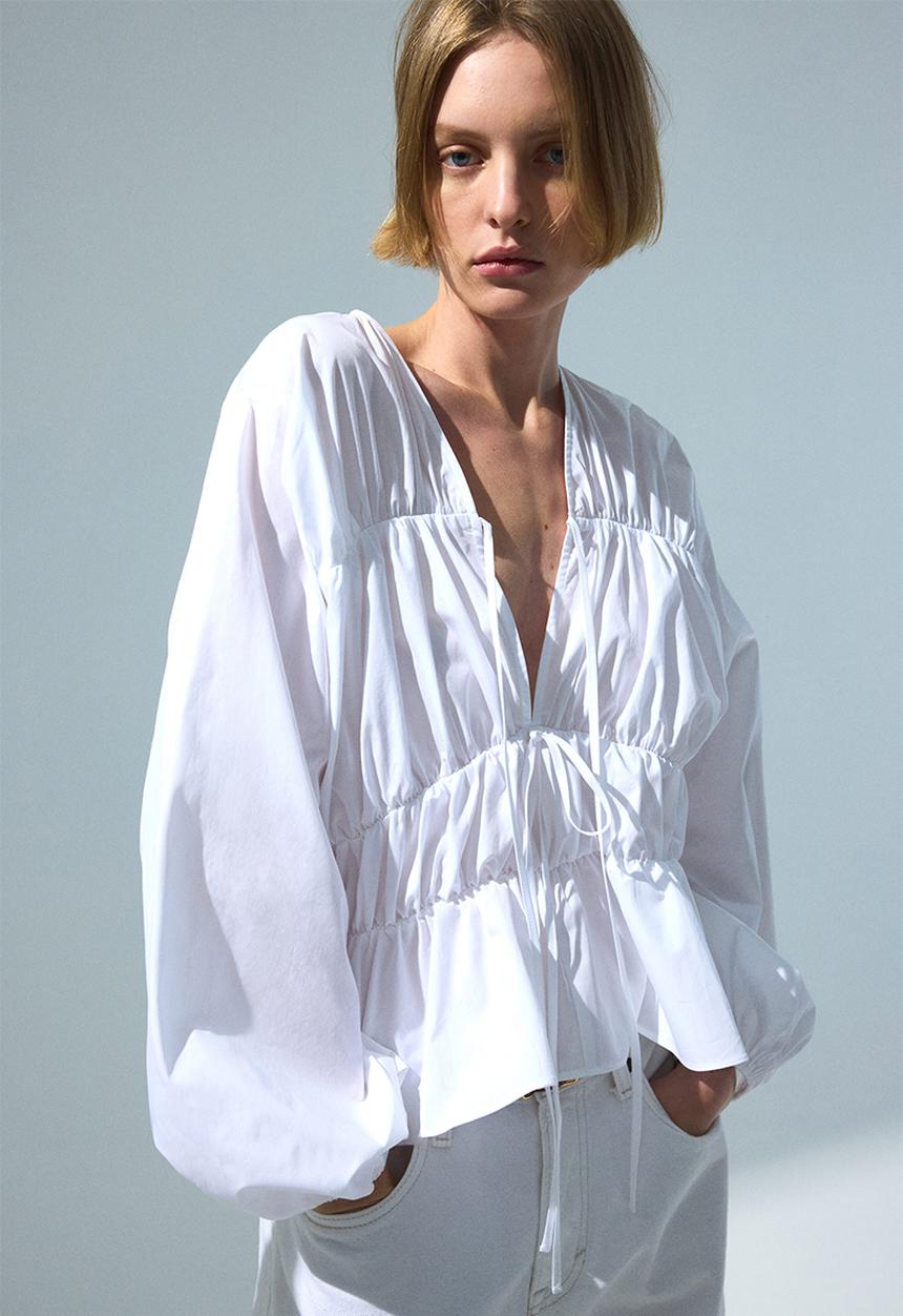 H&M - Drawstring poplin blouse - white