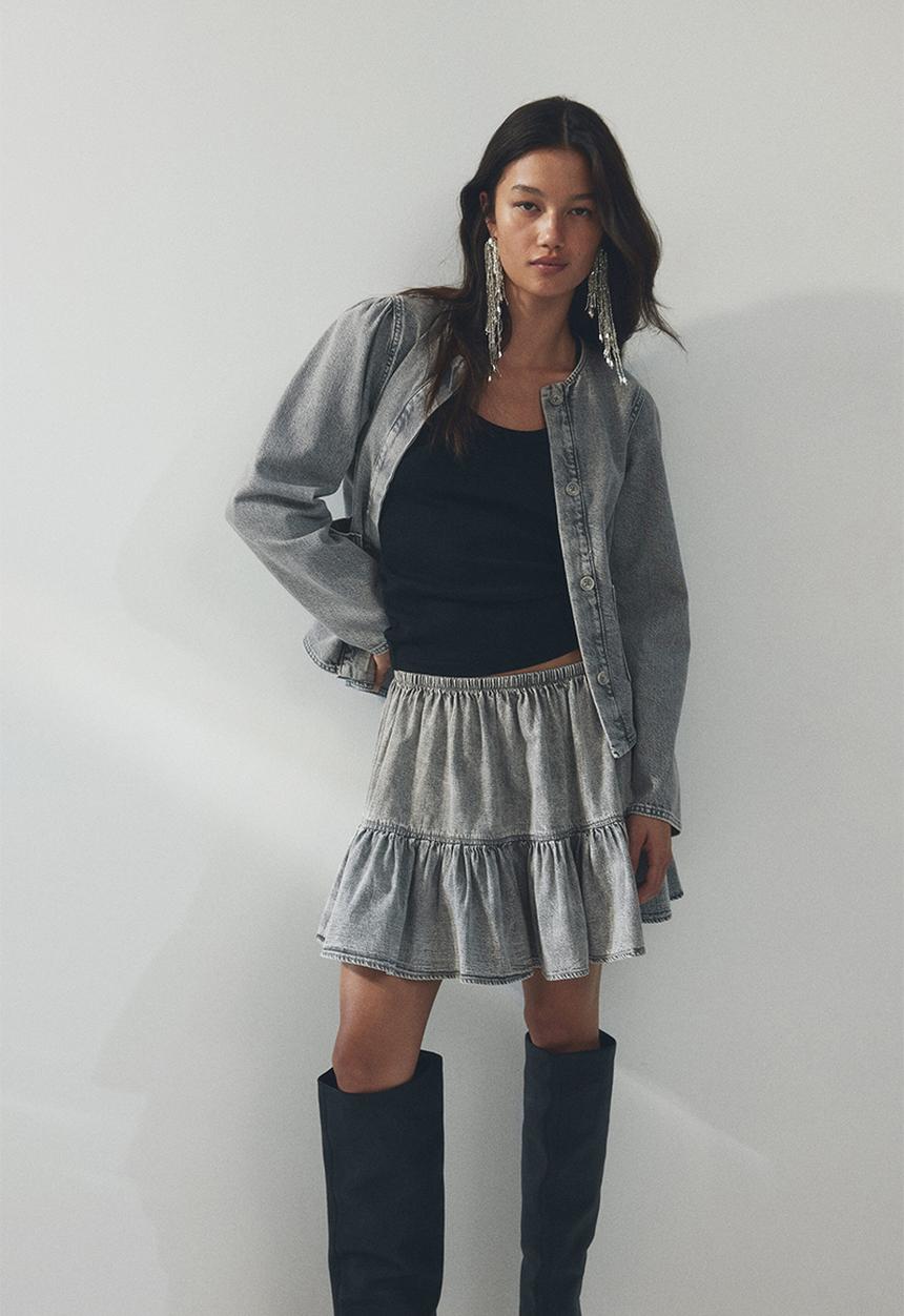 H&M - Puff-sleeved denim jacket - washed grey