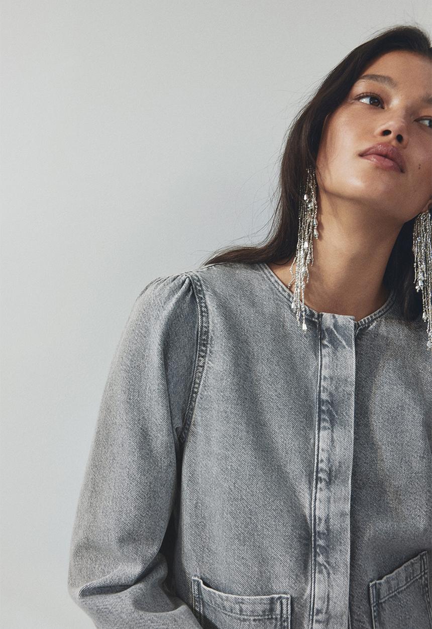 H&M - Puff-sleeved denim jacket - washed grey