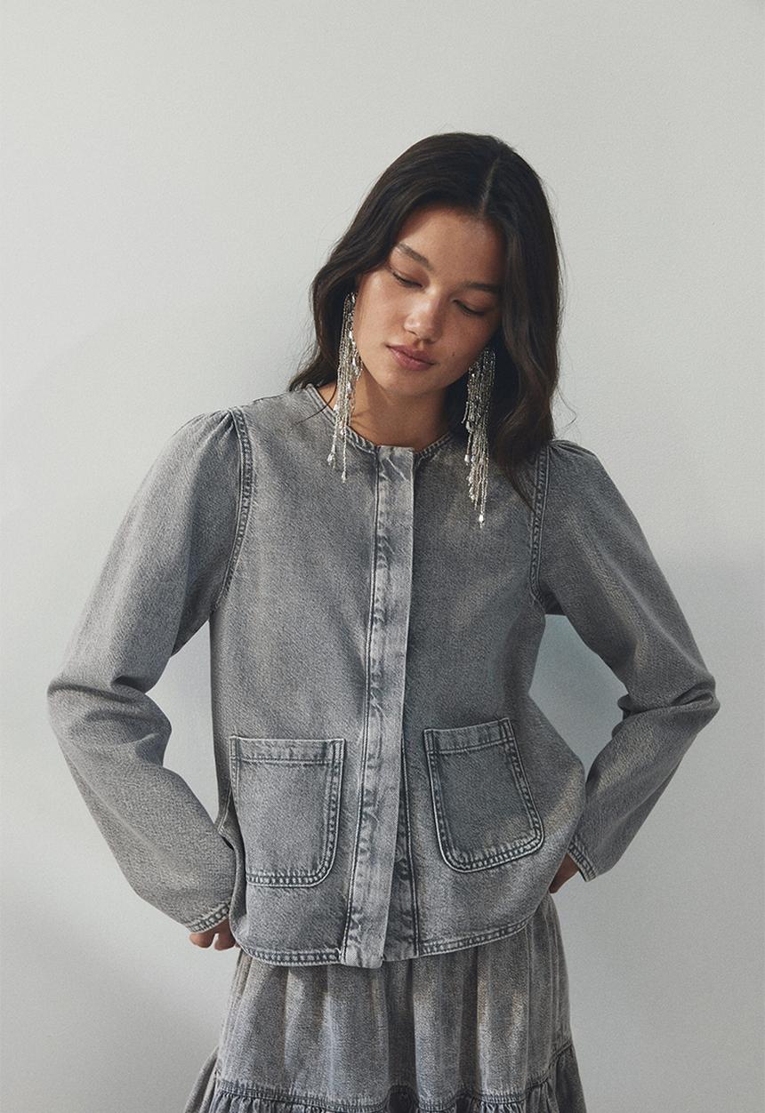 H&M - Puff-sleeved denim jacket - washed grey