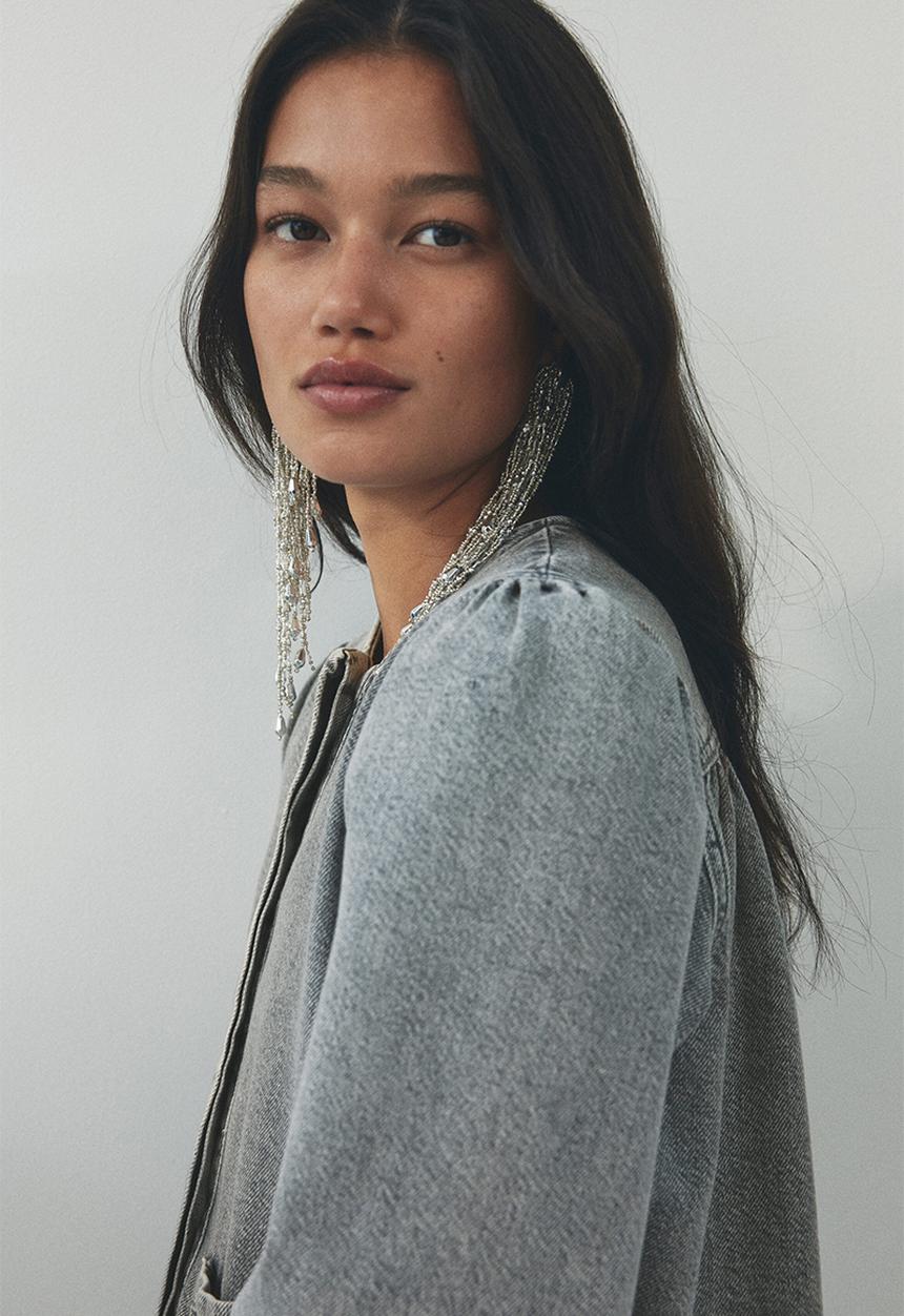 H&M - Puff-sleeved denim jacket - washed grey