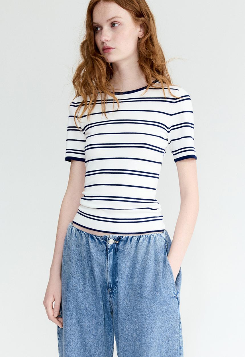 H&M - Fine-knit t-shirt - white/blue striped