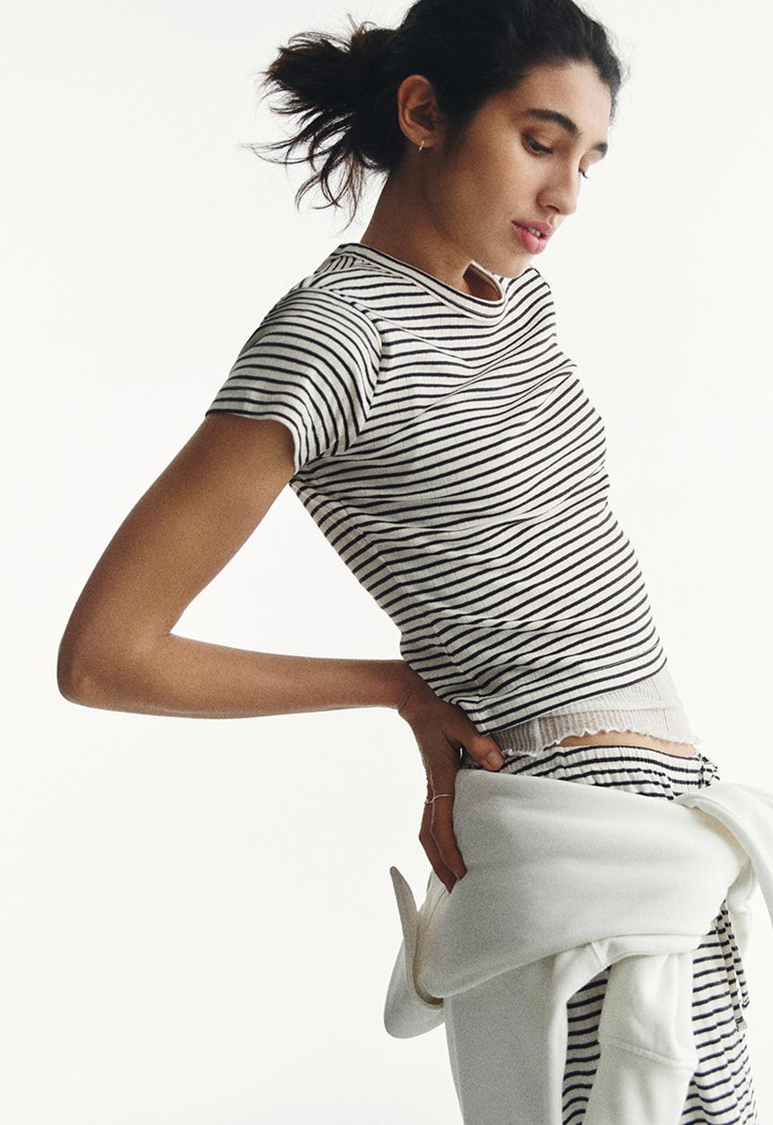 H&M - Ribbed t-shirt - white/dark brown striped
