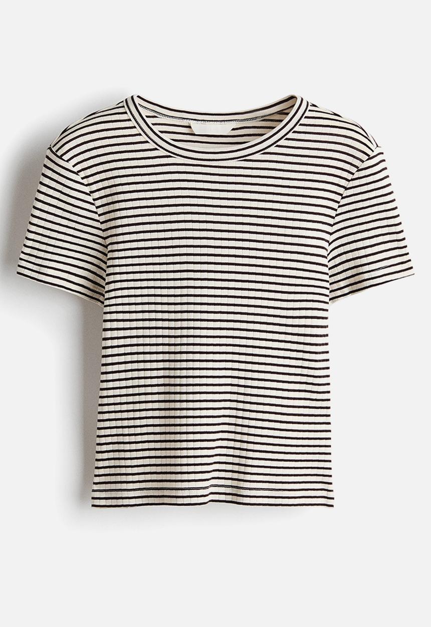 H&M - Ribbed t-shirt - white/dark brown striped